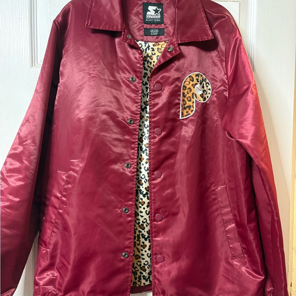 Starter Burgundy Satin Jacket with Animal Print Lining